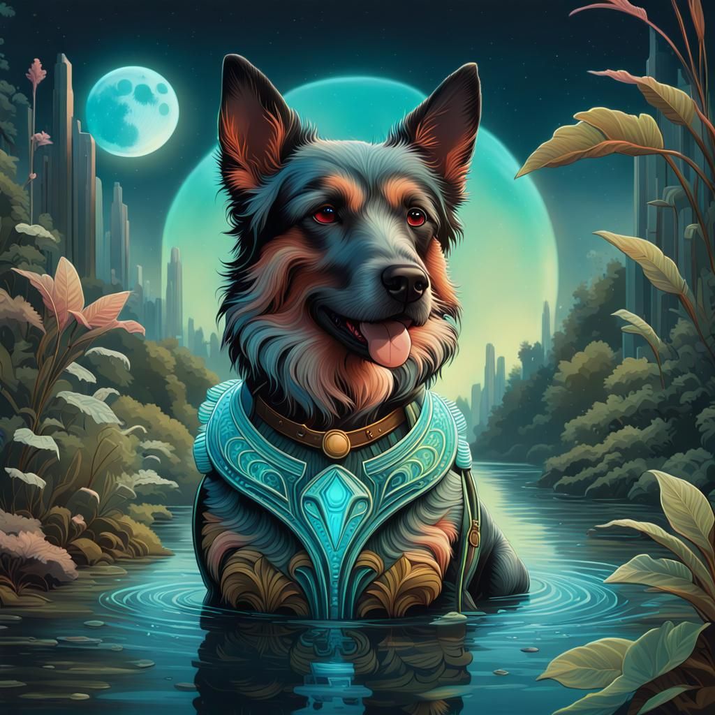 Art Deco Robot Dog with Bioluminescent Details