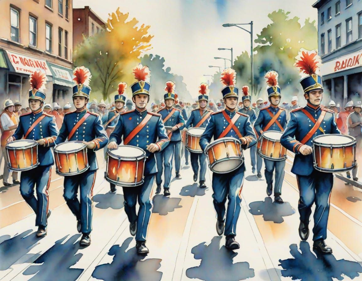 Vintage Marching Band Drummers Parade Down the Highway