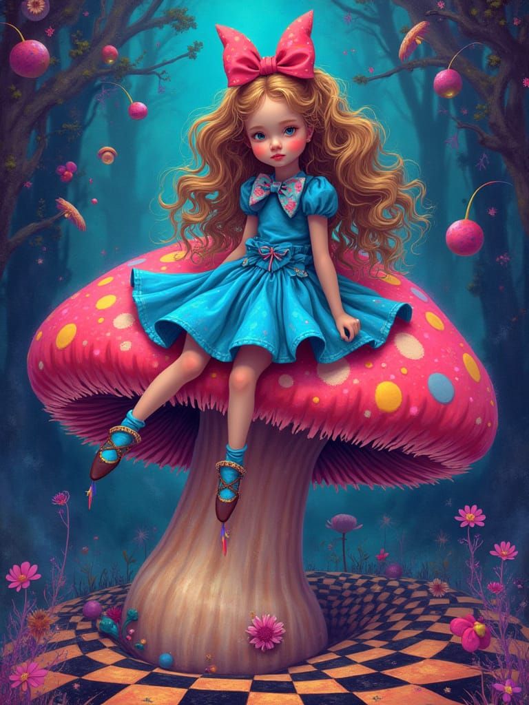 Girl on a Radiant Mushroom in a Kaleidoscope of Colors