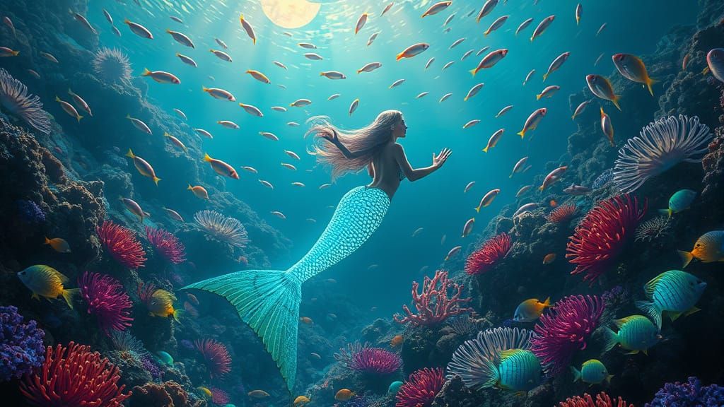 Bioluminescent Mermaid in Surreal Coral Reef