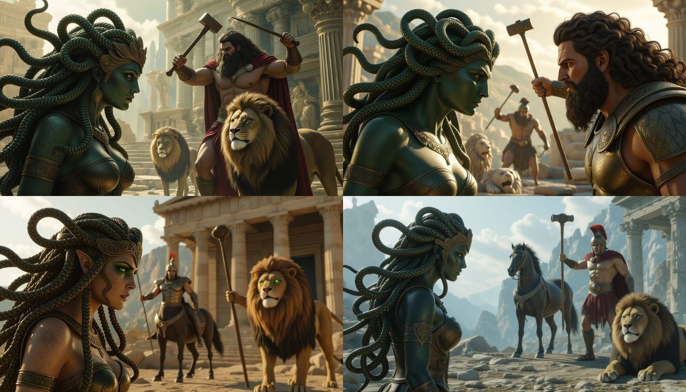 Medusa Turns Centaur to Stone as Cyclops Approaches