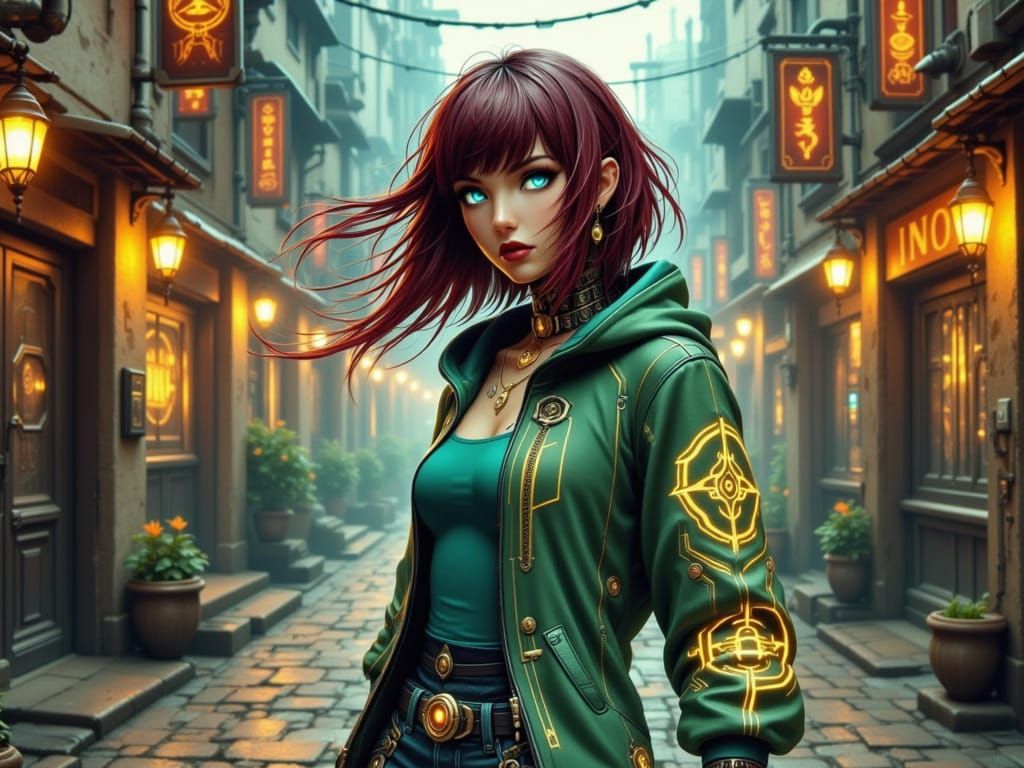 Woman in Grungy Alley with Red Hair and Green Hoodie