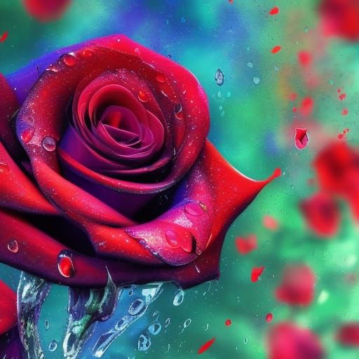 Hyperrealistic Roses in Rain: Splash Art Concept