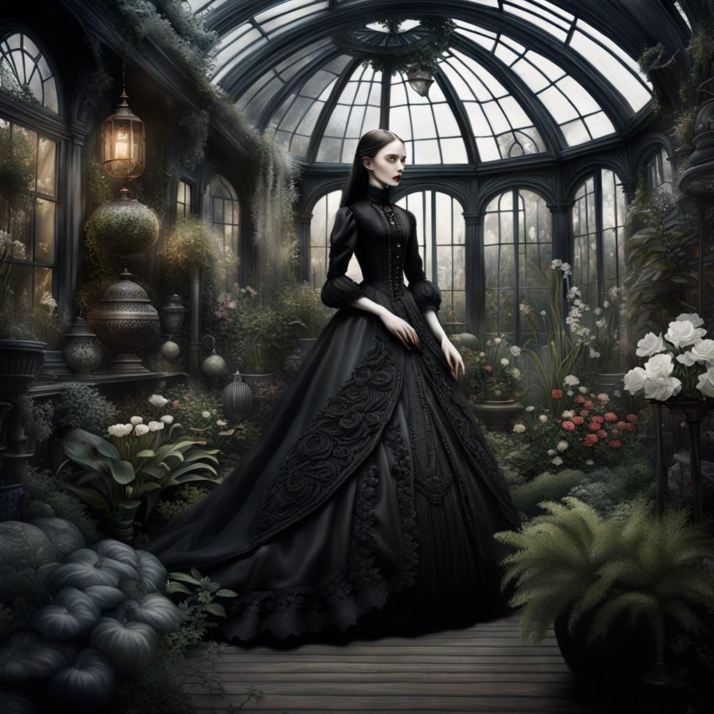 Gothic Doll in Winter Garden: Detailed Charcoal Drawing