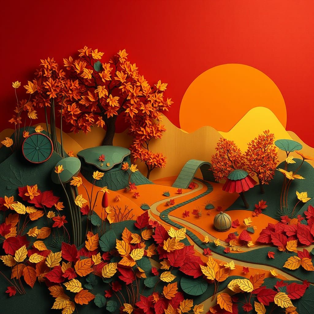 Surreal Autumn Paper Collage Landscape in Digital Art Style