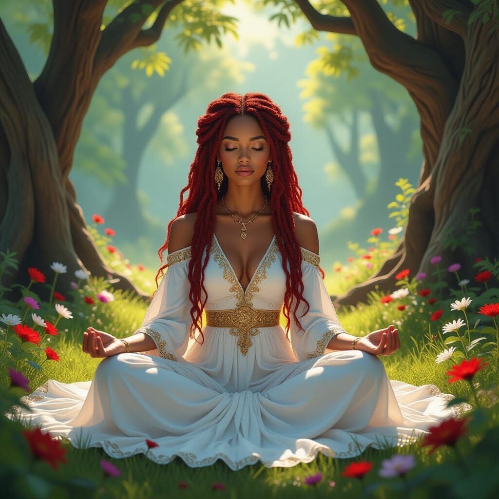 Woman Meditating in Lush Grove: Hyperrealistic Art