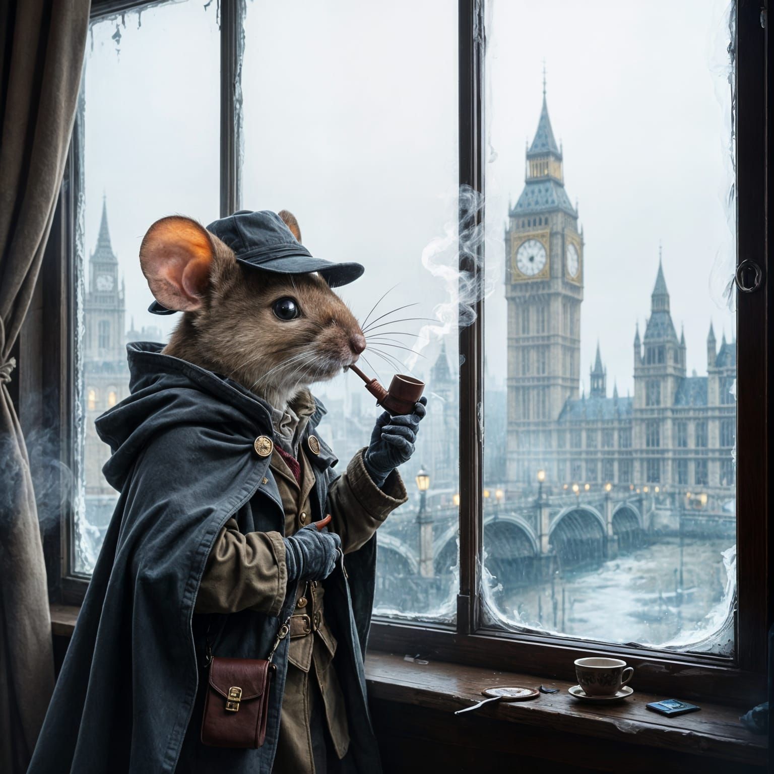 Mouse as Sherlock Holmes in Rainy London