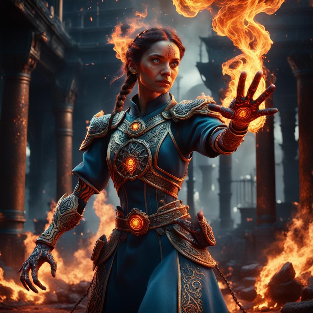 Woman Controls Fire in Detailed Matte Painting