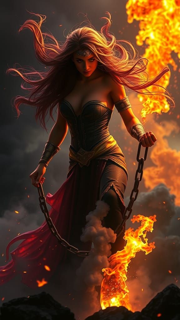 Strong Female Figure Embracing Inner Fire in Dark Fantasy Sc...