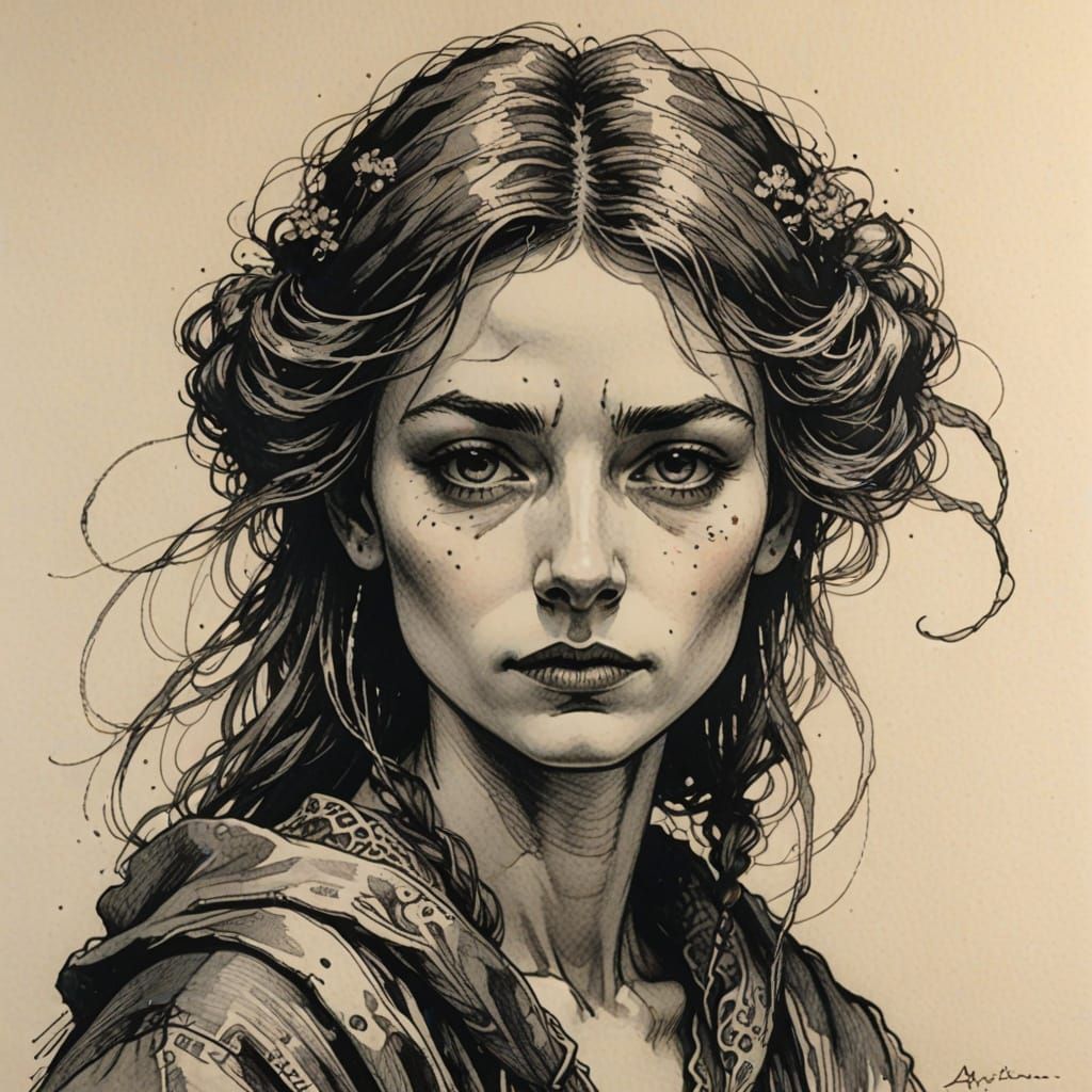 Arthur Rackham-Inspired Ink Portrait of a Woman