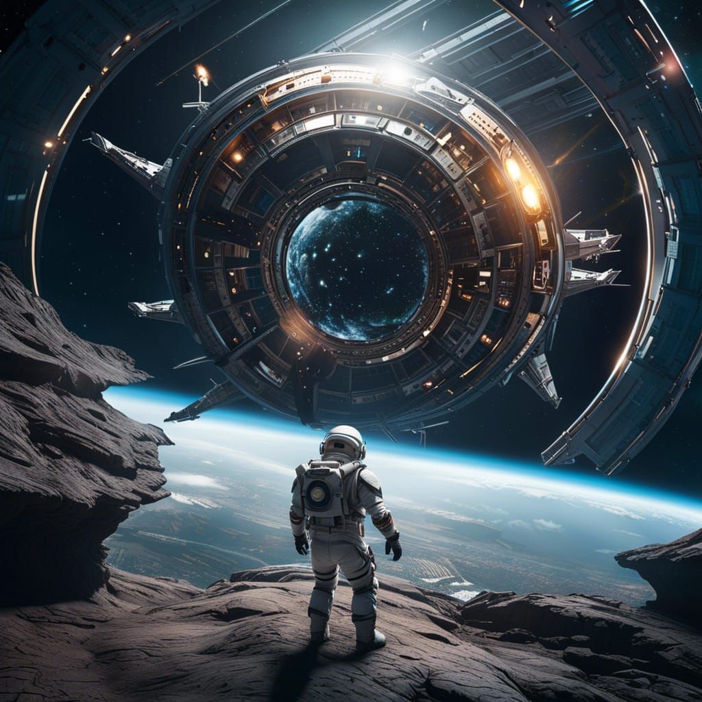 Astronaut and Spaceship Approaching a Wormhole