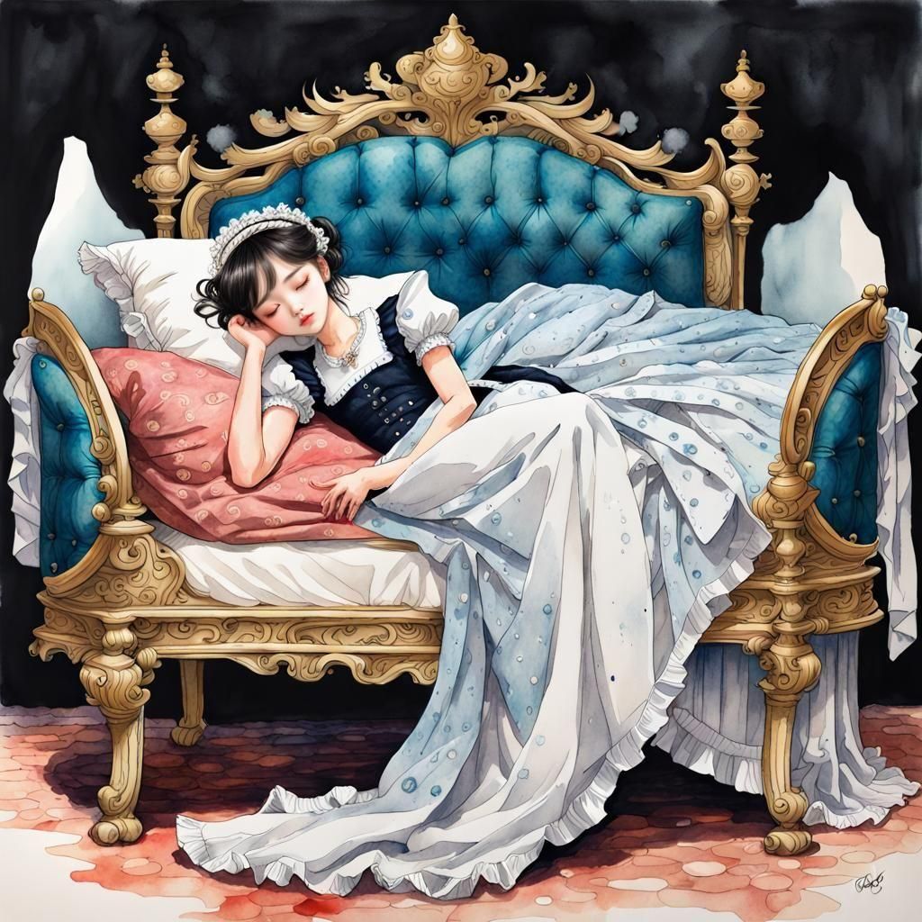 Maid Princess Sleeping: Fantasy Manga Watercolor Portrait