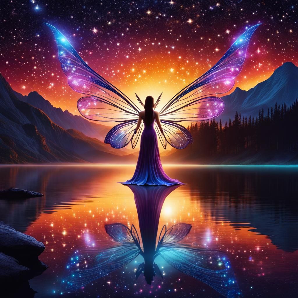Glowing Fairy Reflecting Stars in Mountain Lake
