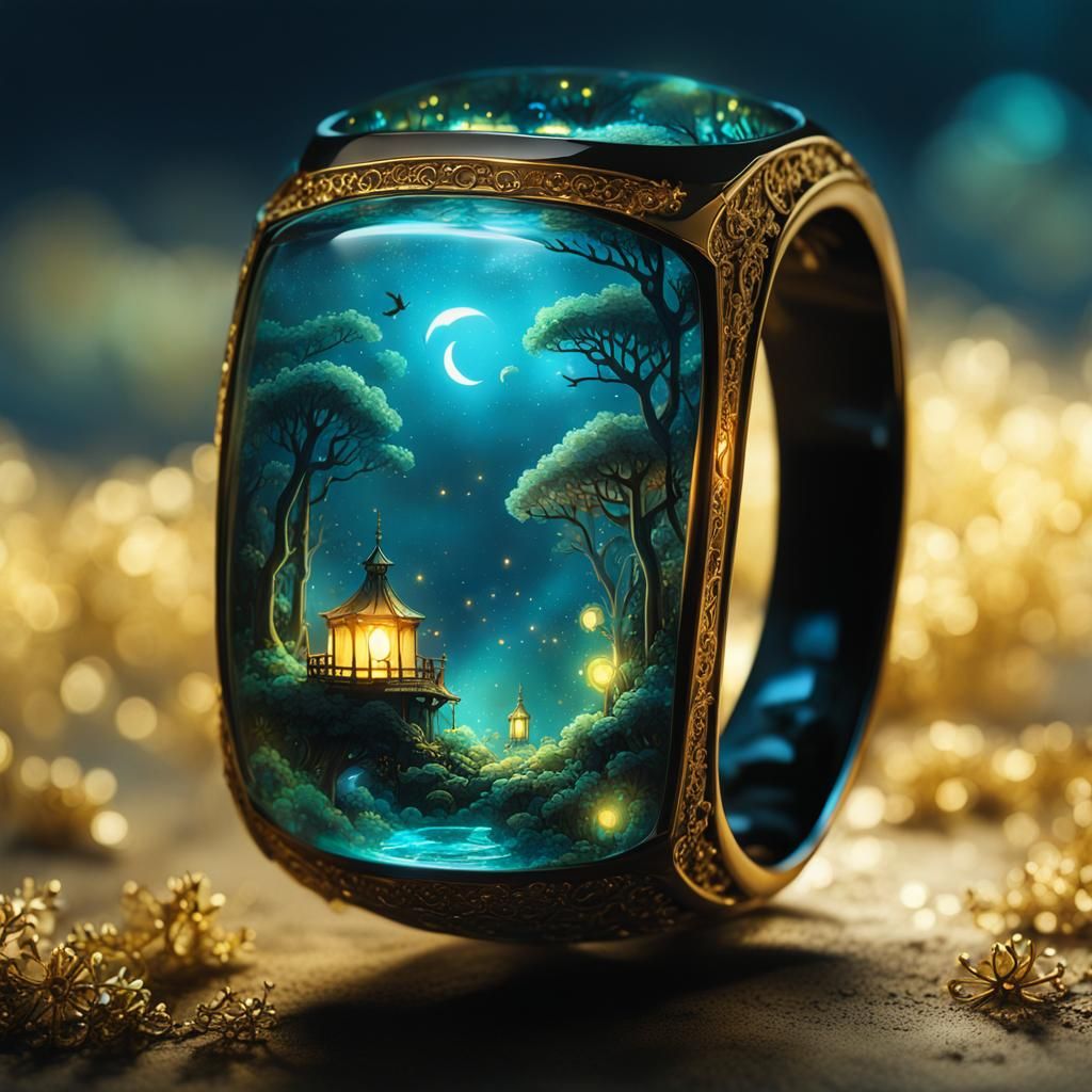 Bioluminescent Glass Ring with Fantasy Scene