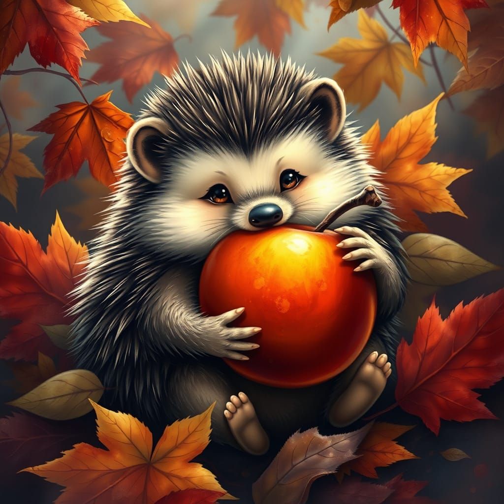 Cute Hedgehog Hugging Apple: Storybook Illustration