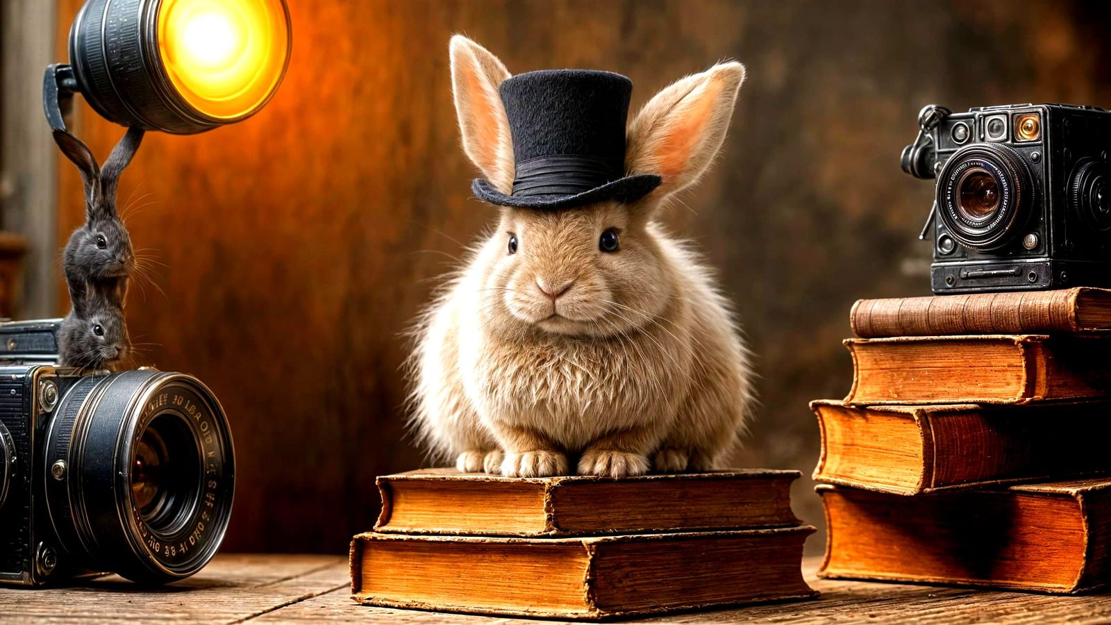 Angora Rabbit in Top Hat: Cel-Shaded Studio Photograph