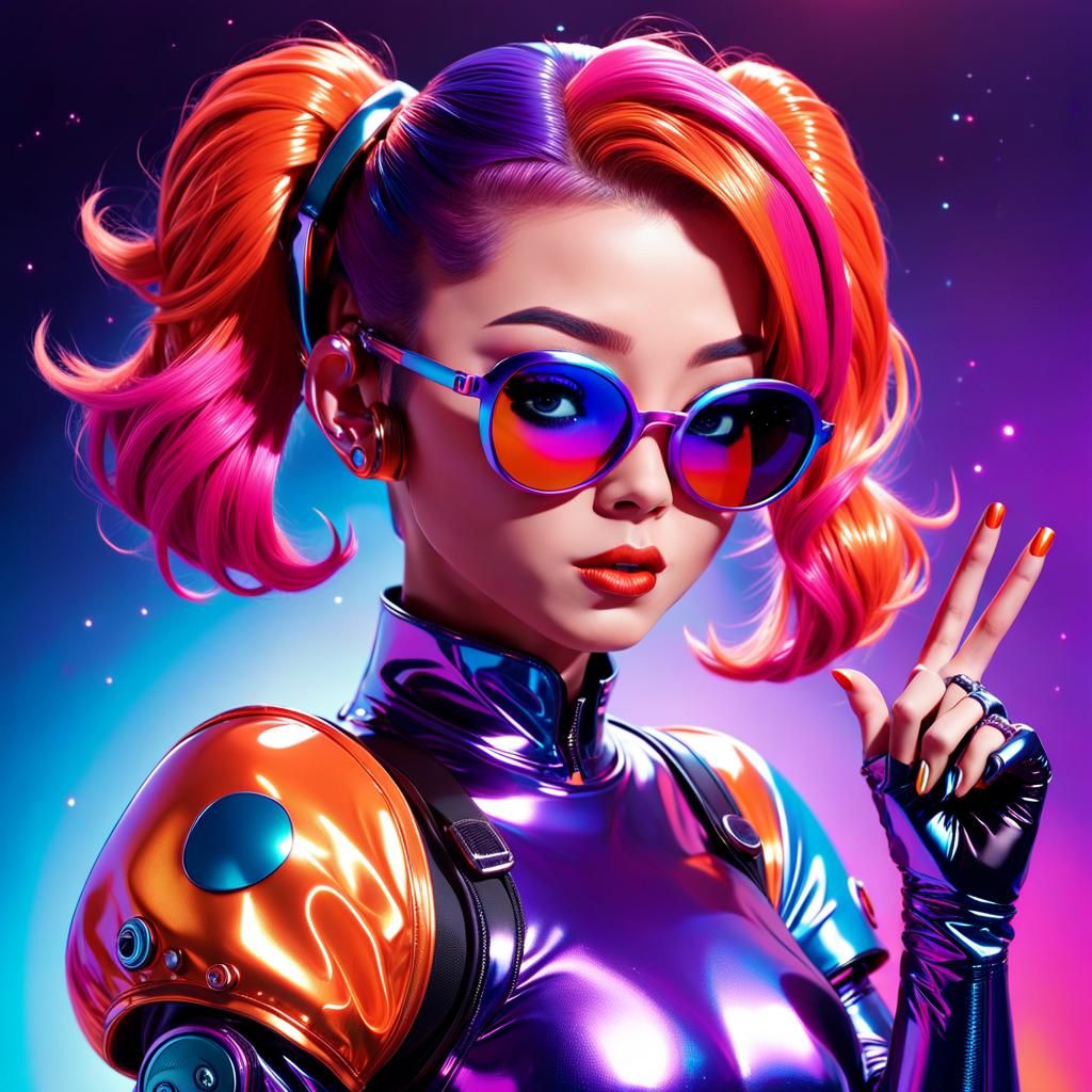 Japanese Pop Star in Space: Vibrant 3D Digital Art