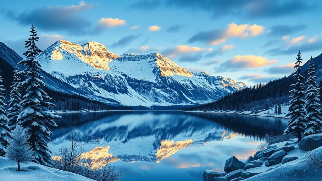 Snowy Mountains Reflected in Lake, Watercolor Style