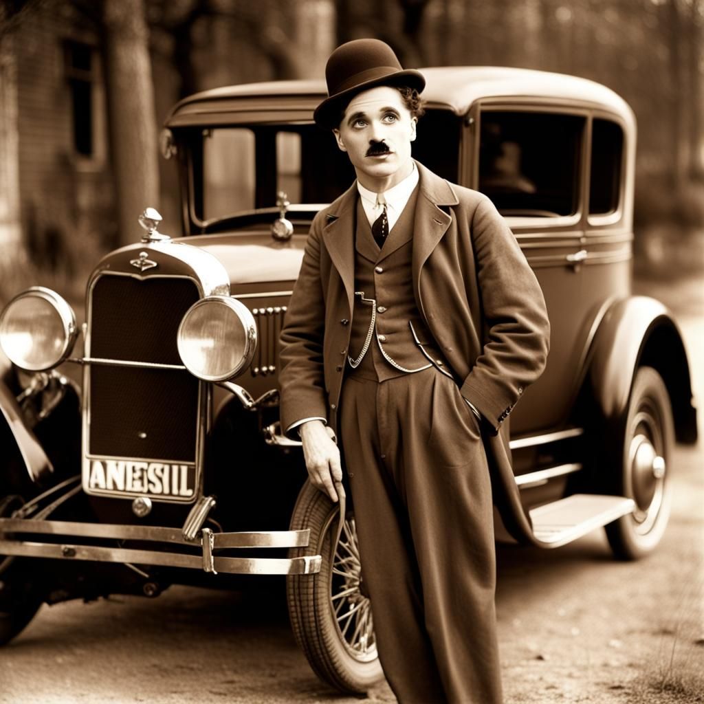 Charlie Chaplin with 1930s Ford in Sepia