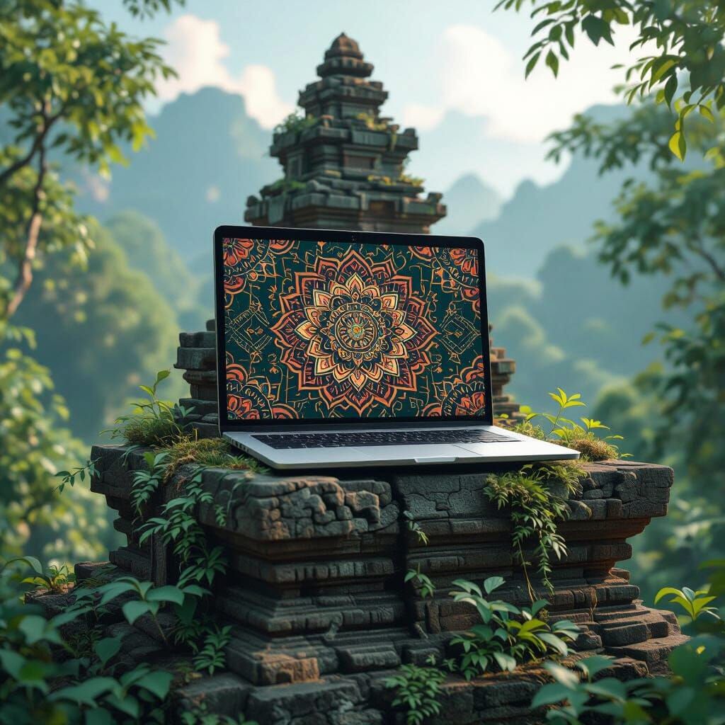Laptop Mandala on Ancient Temple Ruins