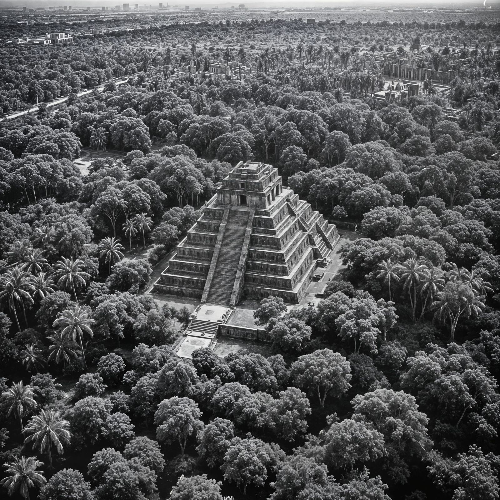 Aerial View of Kukulcan Temple in Black and White