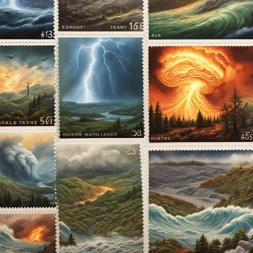 Natural Disaster Stamps in Hyperrealistic Style