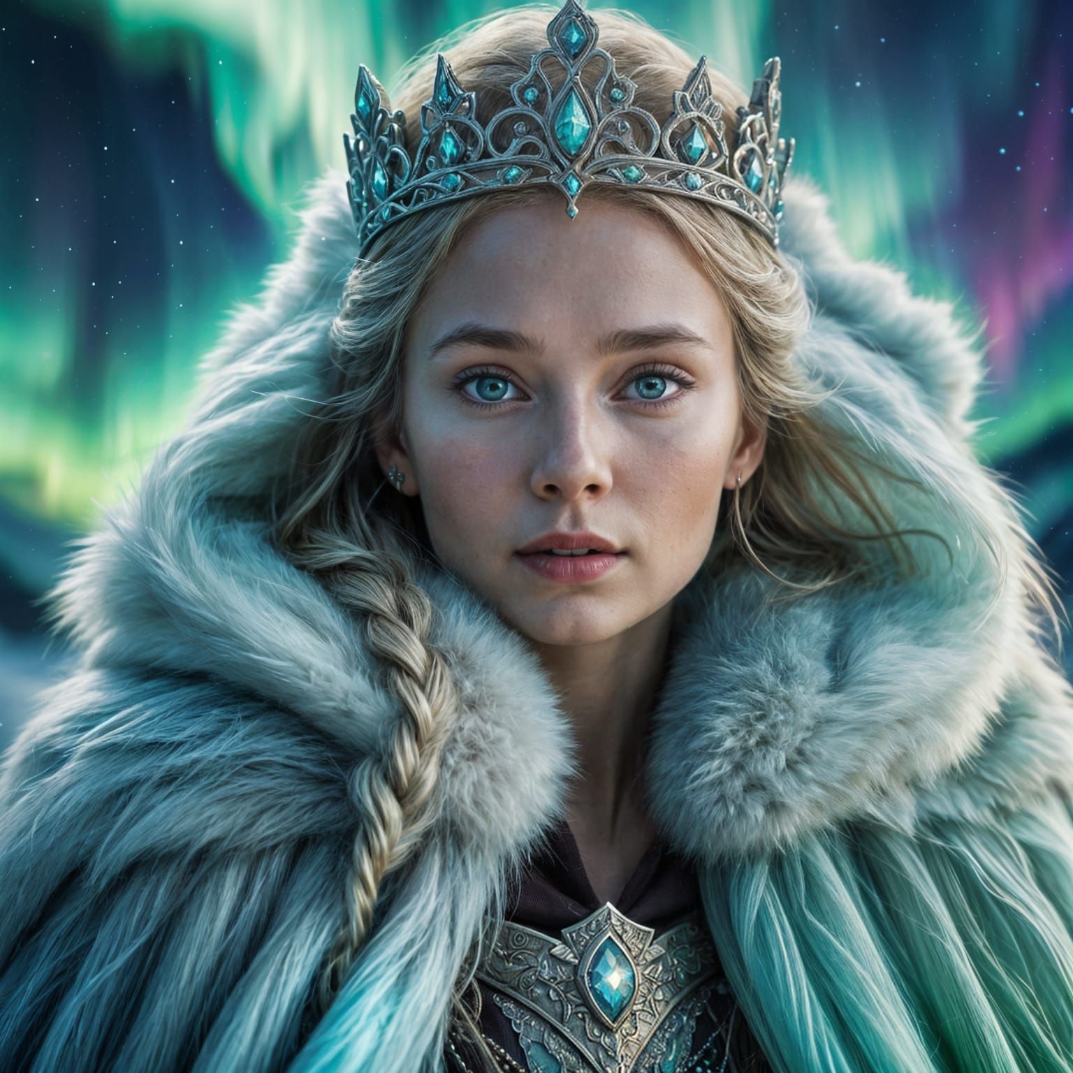 Northern Queen in White Fur Under Northern Lights