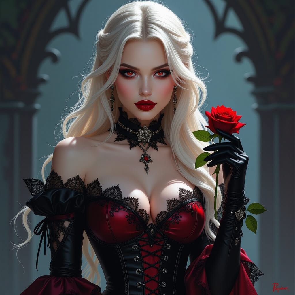 Blonde Vampire in Gothic Dress with Black Rose
