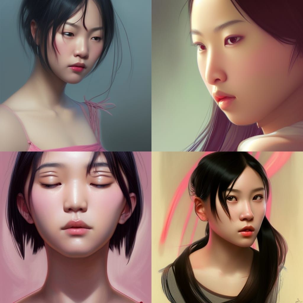 Detailed Portrait of Asian Girl in Art Nouveau Style
