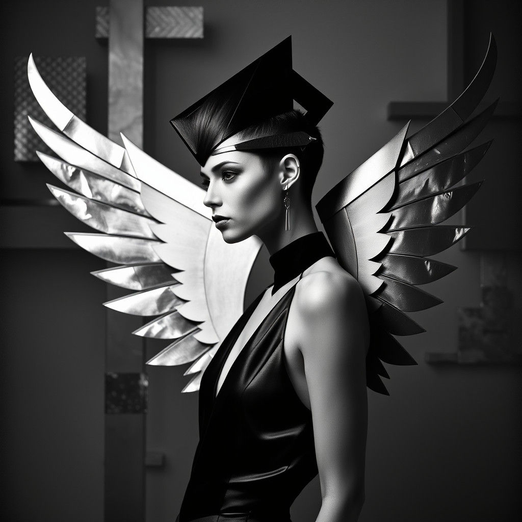 Avant-Garde Fashion Photo of Geometric Winged Model
