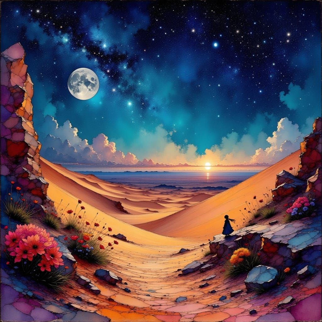 Vast Desert Dunes Under Starry Night Sky