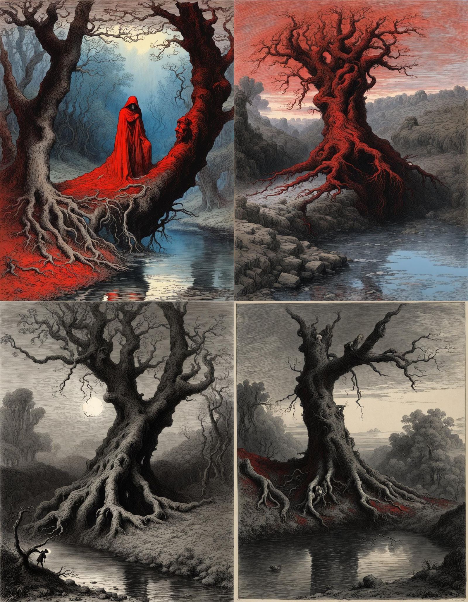 Eldritch Tree Leaning Over Creek in Doré Style