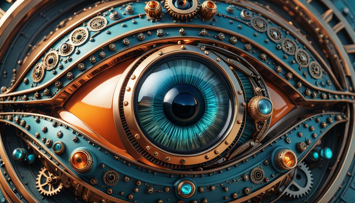 Steampunk Mechanical Eye Close-up in Teal and Orange