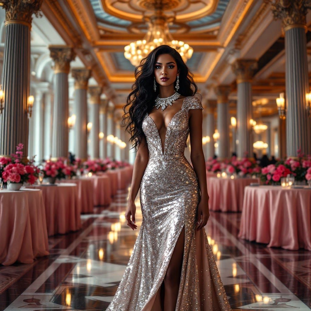 Elegant Woman in Luxury Ballroom with Grand Chandeliers and...