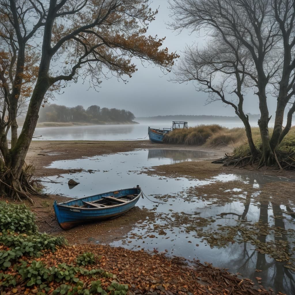 Misty River Mouth at Dawn: Hyperrealistic Seascape