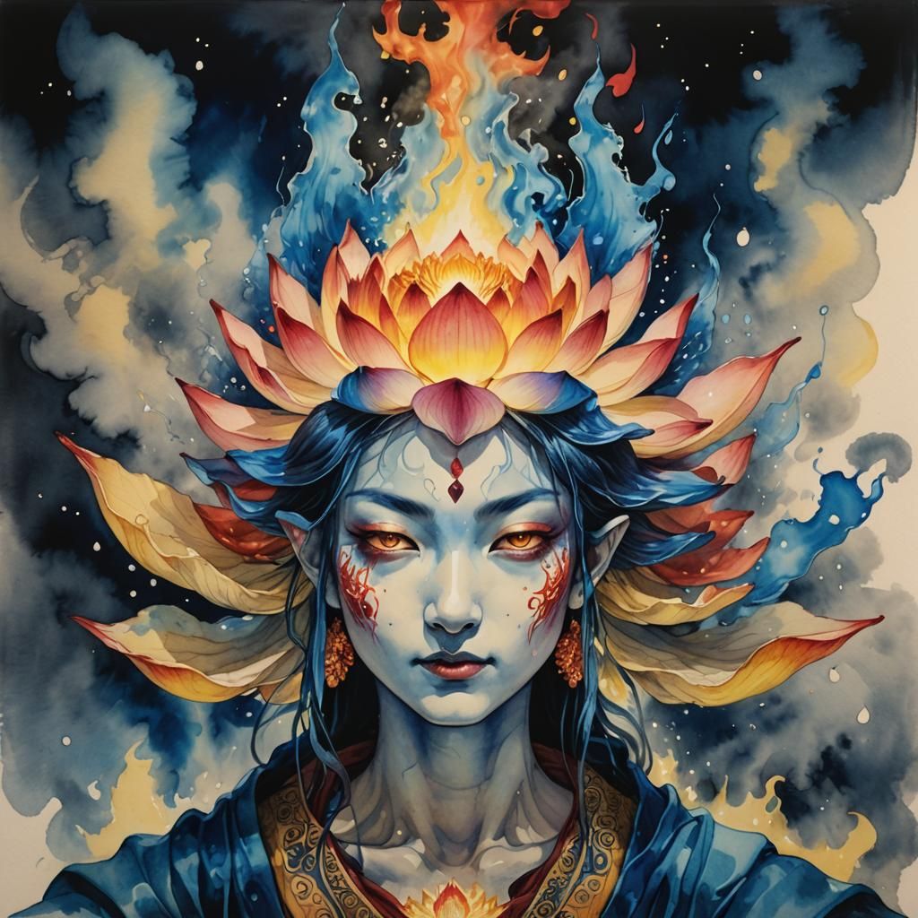 Glowing Fire Lotus Ink Wash Painting