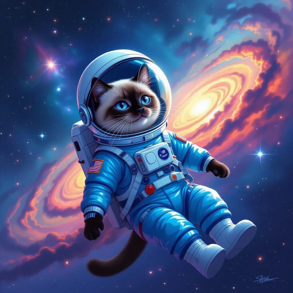 Siamese Cat Astronaut Floating in Dreamy Galaxies