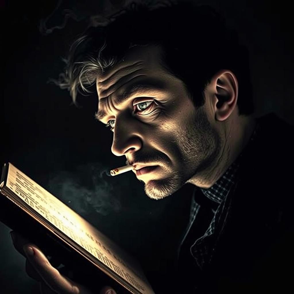 Mysterious Man Smoking in Dark Library, Hyperrealistic Style