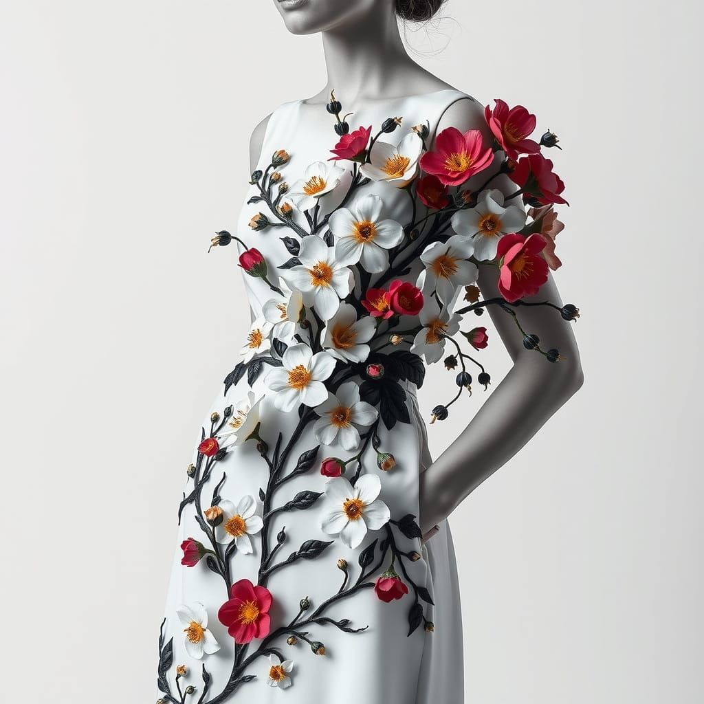 Woman in Floral Fashion Dress With Golden Kintsugi Accents