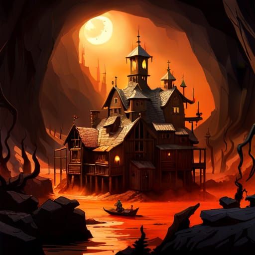 Horrific Hag Witches in Cavern Diorama, Art Nouveau