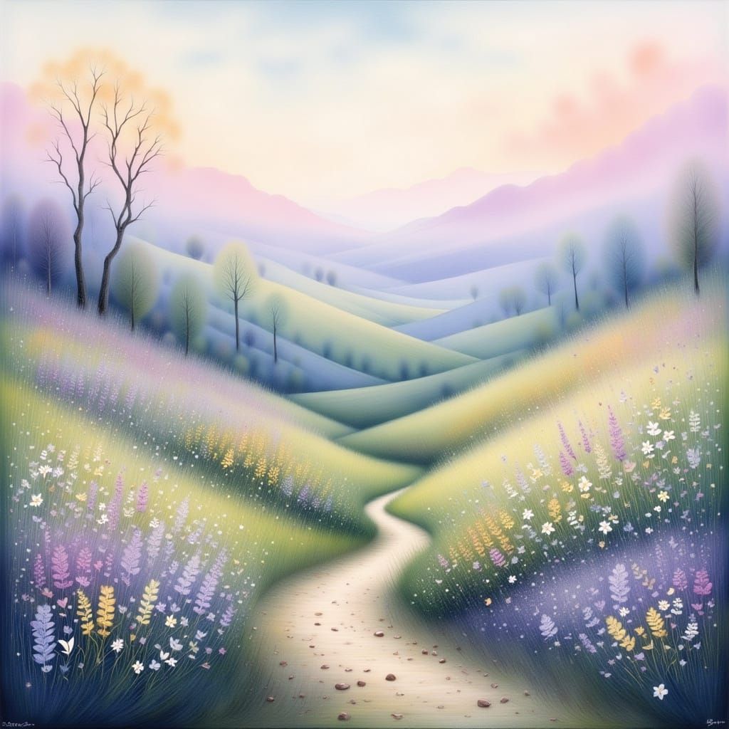 Ethereal Landscape Painting of Rolling Hills