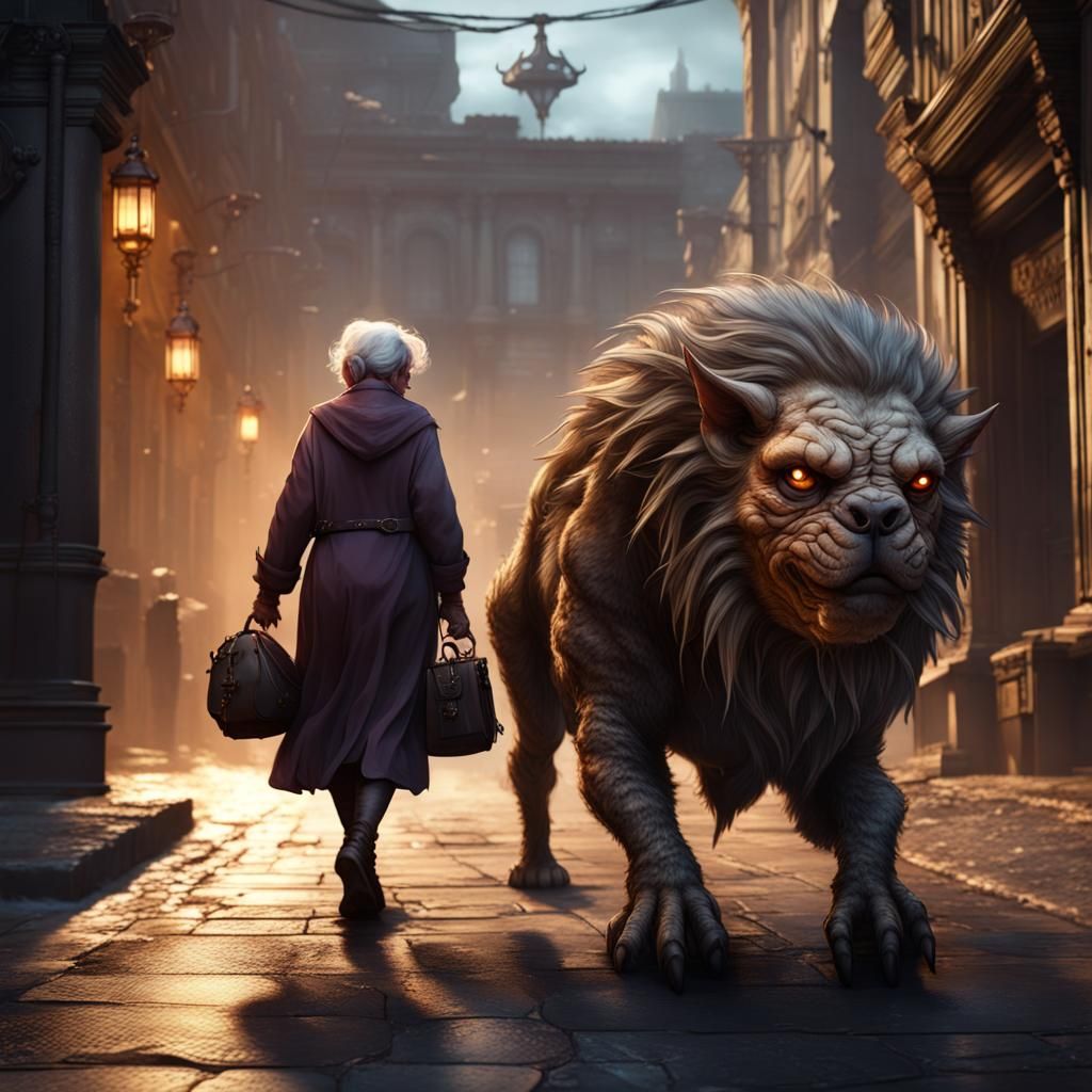 Old Lady and Chimera: Dark Fantasy Concept Art