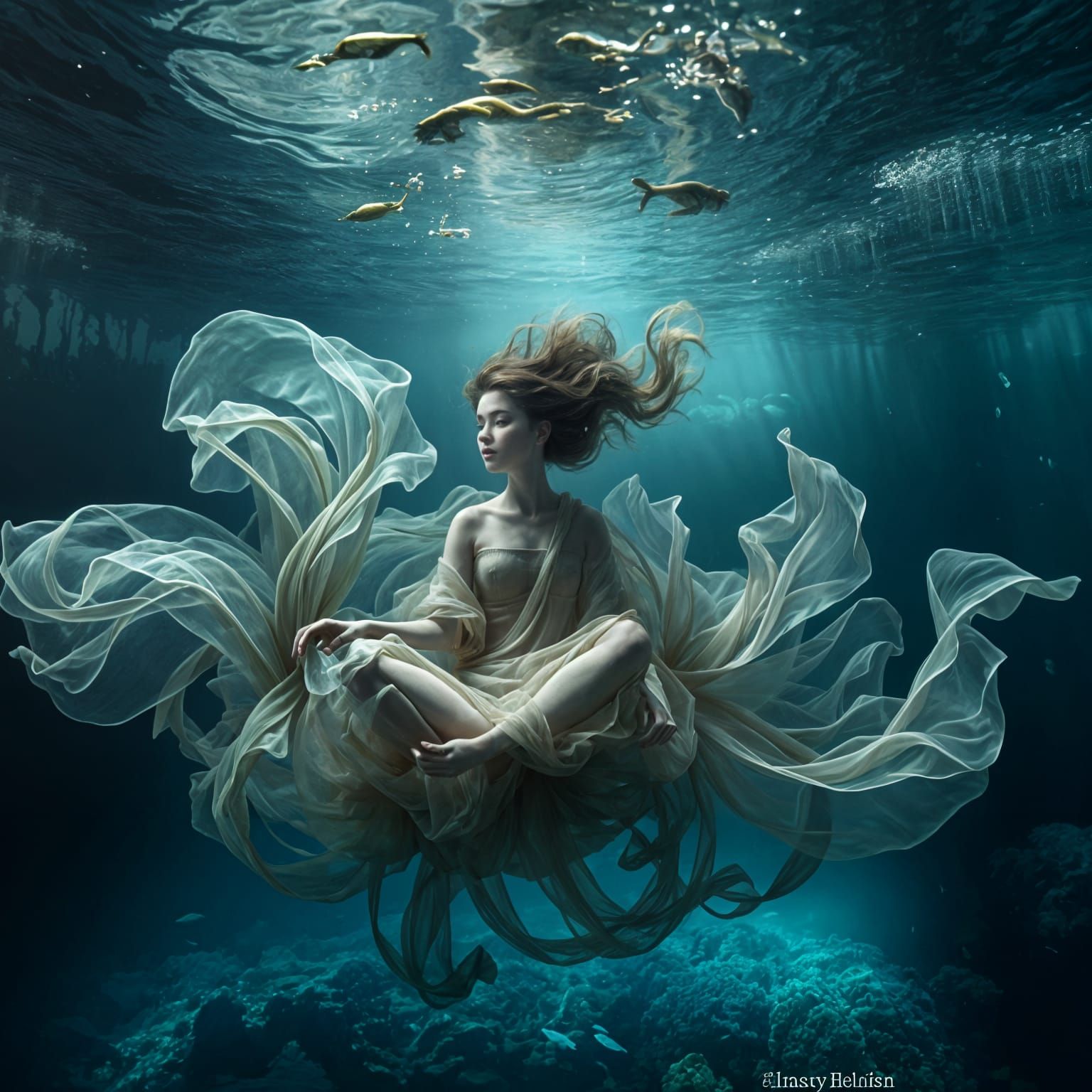 Ethereal Figure Floating in Oceanic Bloom