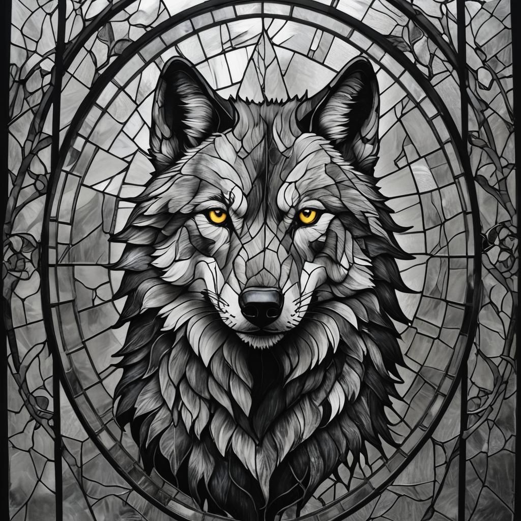 Stained Glass Wolf in Charcoal Drawing