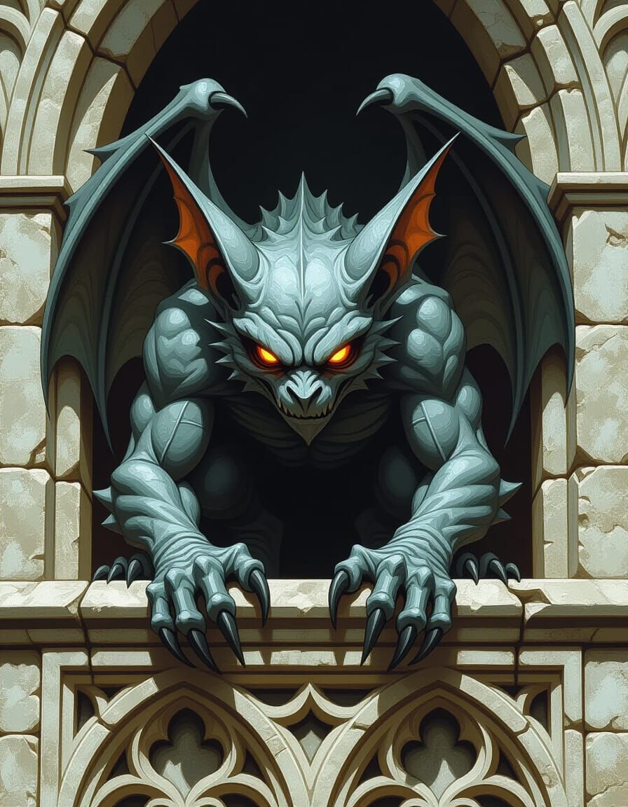 Menacing Gargoyle Perched on Carved Ledge