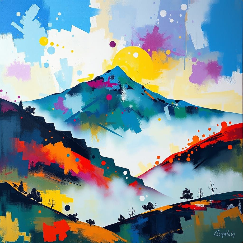 Zen Misty Mountain Landscape with Abstract Colors