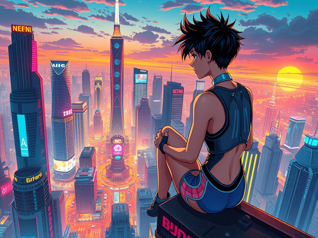 Neon Dreamscape in Ink Anime Style