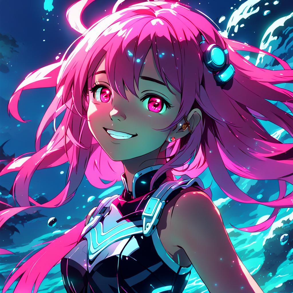 Ancient Goddess Smiles in Hot Pink Neon Deep Sea