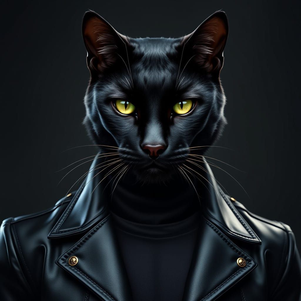 Elegant Hyper-Realistic Black Cat in Leather Jacket