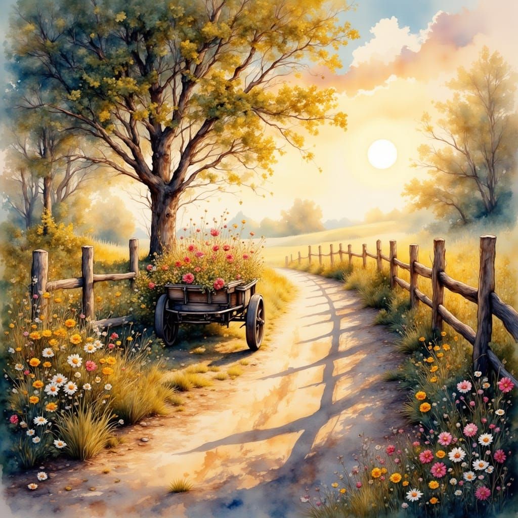 <lora:MrsH Watercolor:1.0> A sun-drenched country path, lead...